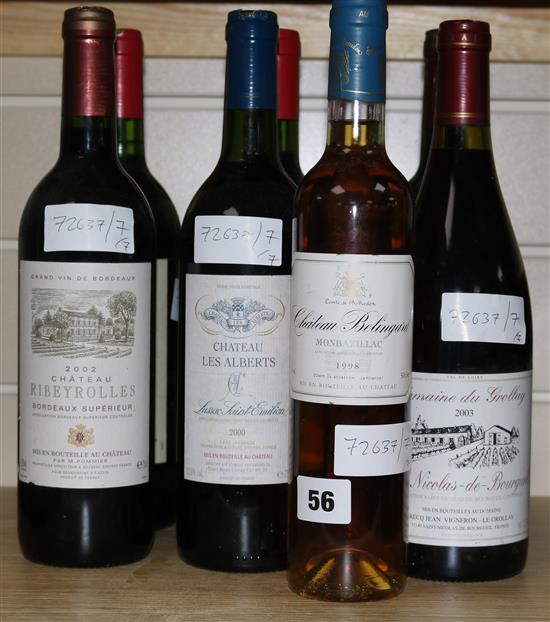 Five red Bordeaux wines including Chateau Les Alberts, 2000, one Burgundy red and a single half litre bottle of Chateau Belingard, 1998